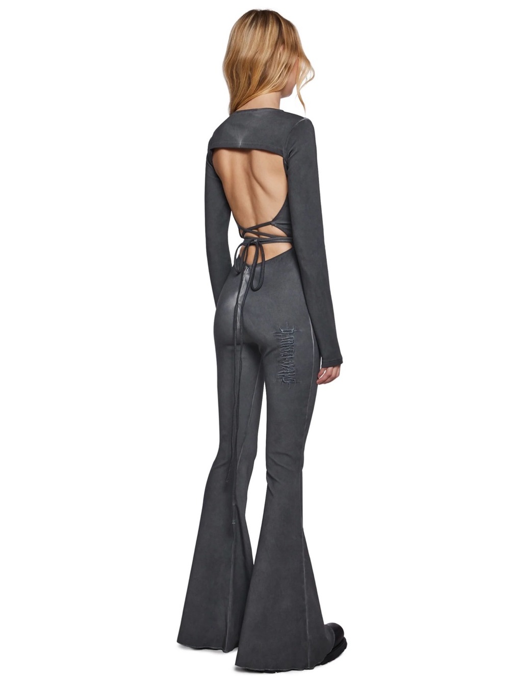 Dolls Kill Darker Wavs Pitch Open-Back Jumpsuit in Charcoal Gray, Size Medium
